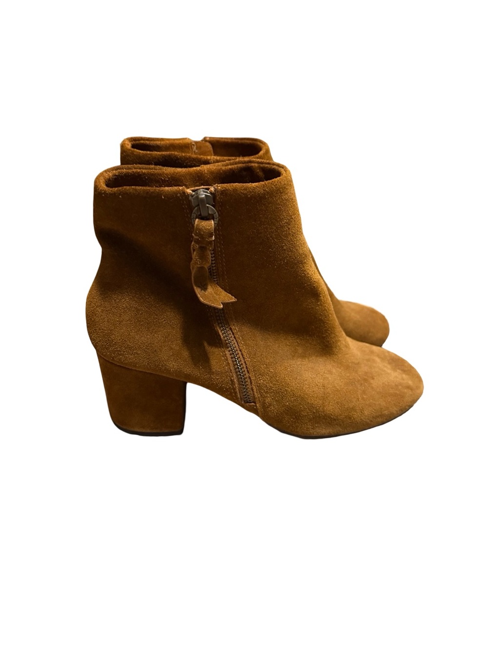 Women's Suede Ankle Booties in Cognac - Zip Side Block Heel
